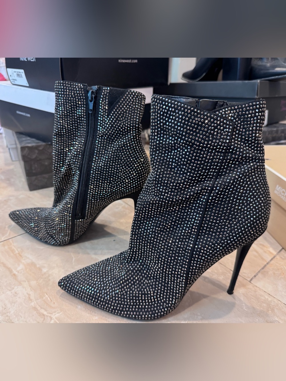 Aldo Black Crystal-Studded Pointed Stiletto Ankle Boots